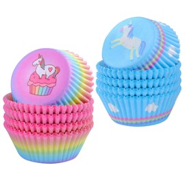 ASTARON Pack of 200 Unicorn Muffin Cases Paper for Unicorn Party, Cupcake Baking Paper Cases Rainbow Cupcake Liners for Decorations Girls Children Birthday Accessories (Gradient Colour and Blue)