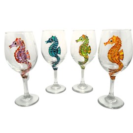 4 Multi Colored Seahorse Hand Painted Stemmed Wine Glasses Set