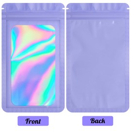 Durimoiy 100 pcs Holographic Bags Packaging Bags,Resealable Mylar Bags Foil Pouch Purple Zip Bag for Food Storage,Key Chain Packing for Small Business(3.5''x6.3'')
