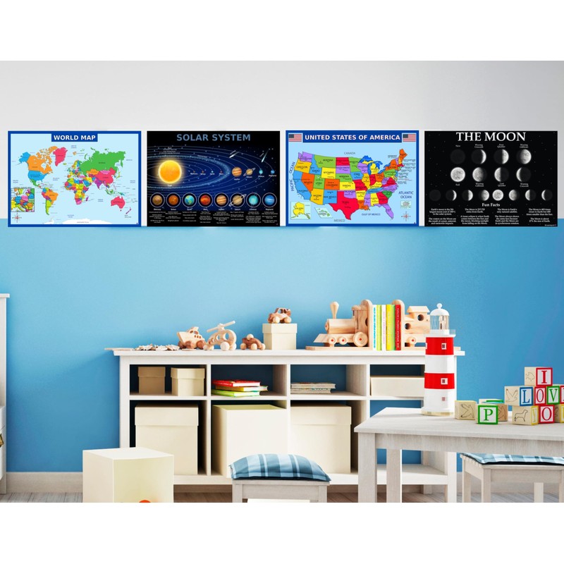 World Map, United States Map, Solar System, and Moon Phases