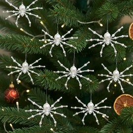 Reallnaive 8 Pcs White Christmas Spider Ornament Glitter Beaded Spider Hanging Ornaments Decorations for Christmas Tree Holiday Decor Gift