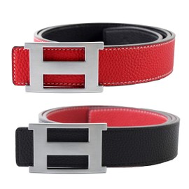 Dinamit Jeans Unisex Genuine Leather Casual Dress Belt with Buckle and Reversible Strap - Red Strap, Silver Buckle