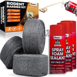 [Upgraded] Rodent Barrier Kit, 3Pcs Steel Wool Included 3Pcs PU Spray Foam for Mice Control, 3.2"x7.5’ Rodent Control Fill Fabric, Gloves, Scissors, Gap Blocker in Hole Pipeline Vent in House, Garage
