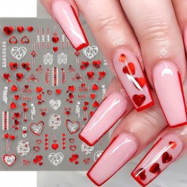 4 Sheets Valentine's Day Nail Stickers Red White Heart-Shaped 3D Self-Adhesive Nail Decals Lips Nail Supplies with Rose Valentine's Day Nail Stickers Design for Women Girls DIY Nail Decorations