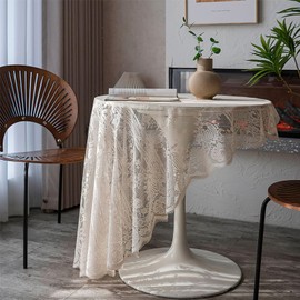 auons Round Lace Tablecloth 60 inch, Vintage Floral Embroidered Table Cloth, Romantic Chic Lace Table Cover for Wedding Banquet Party Holiday Dinner Table Decor, Beige