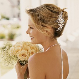 Sooshin Peine para el pelo de novia con perlas de diamantes de imitación para novia, tocado de flores para novia y dama de honor, accesorios para el cabello para mujeres y niñas (oro rosa)