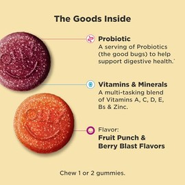 OLLY Kids Multivitamin & Probiotic Gummy, Digestive Support, Vitamins A, D, C, E, B, Zinc, Chewable Supplement, Berry Flavored, 50 Day Supply - 100 Co