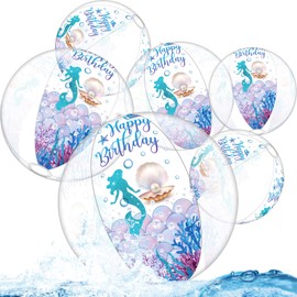 MiniInflat 6 Pack Birthday Beach Ball for Pool Birthday Party Decorations 16'' Large Clear Inflatable Pool Ball Swimming Pool Toys for Kids Adults Outdoor Fun Water Games Favors(Mermaid Style)