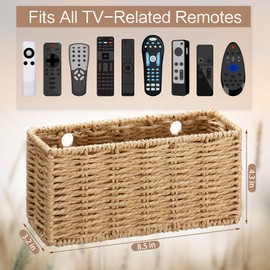 Junkin Woven Paper Rope Remote Control Holder Organizer Handmade Wall Hanging Remote Storage Basket with Hooks Boho Farmhouse Wall Organizer for Living Room Bedroom Office Dorm Decor