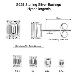 Stud Earrings Set for Women, S925 Sterling Silver 14K White Gold Plated Hypoallergenic Stud Earrings Emerald Cut Cubic Zirconia Sterling Silver Stud Earrings for Women Men 4 Pairs Earrings Set