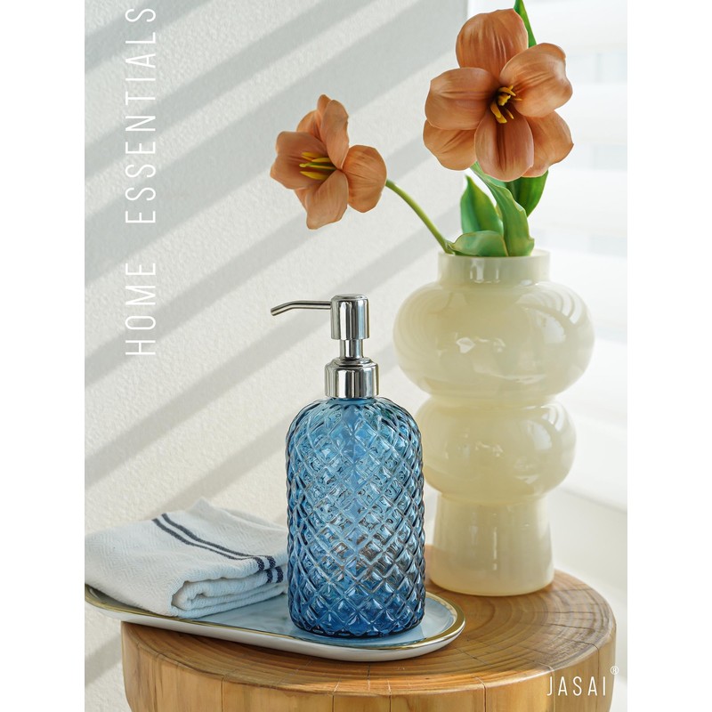 JASAI 18Oz Gem Patterned Glass Soap Dispenser for Kitchen and