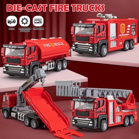 4 Packs Metal Fire Trucks Playsets, Mini Friction Powered Vehicle, Including Fire Engine, Ladder Firetruck, Die-cast Fire Tank, Tow, Realistic Design for Toddlers Boys, Kids Aged 3+ Years Old
