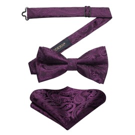 HISDERN Men's Pre-tied Bow Tie Dark Purple Bow Ties and Pocket Square Wedding Paisley Bowtie with Handkerchief Adjustable Dickie Bowties