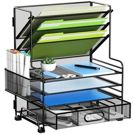 MINDEPOT Organizador de papel de 4 niveles + soporte para archivos de 3 bolsillos + cajón + soportes para bolígrafos, organizador de archivos de escri