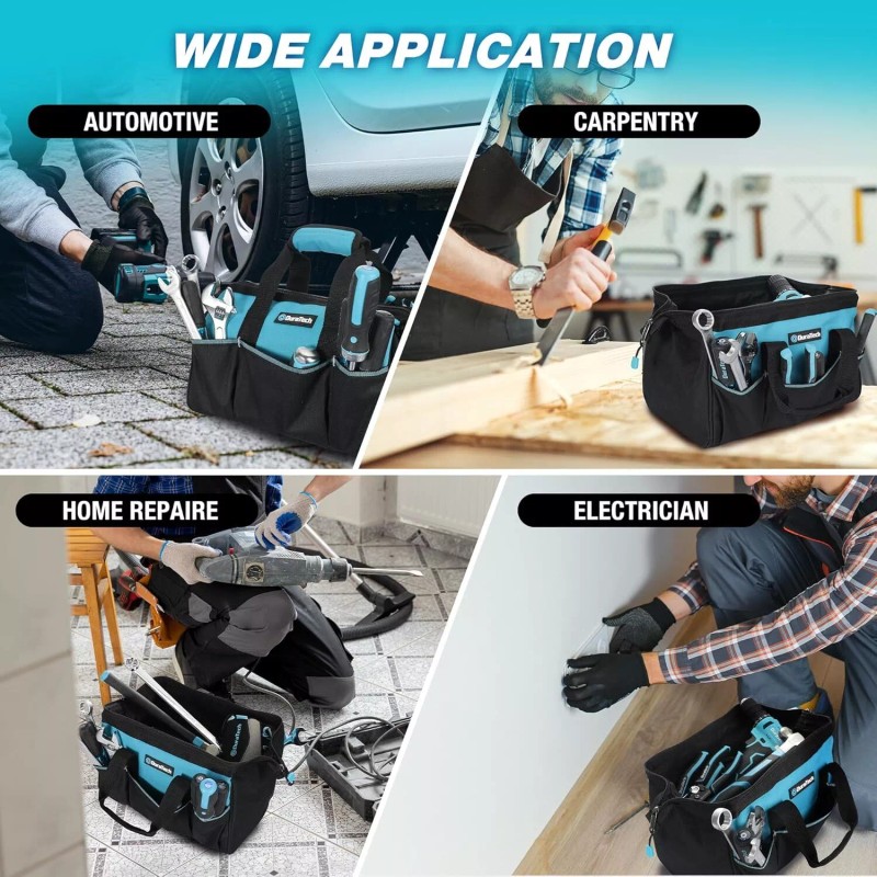 DURATECH 13-Inch Small Tool Bag with 9 Pockets Wide Open
