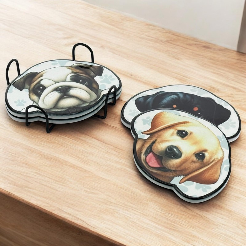 MIJOMA Untersetzer Set Hund – 4er Keramik Glasuntersetzer mit Metallhalter