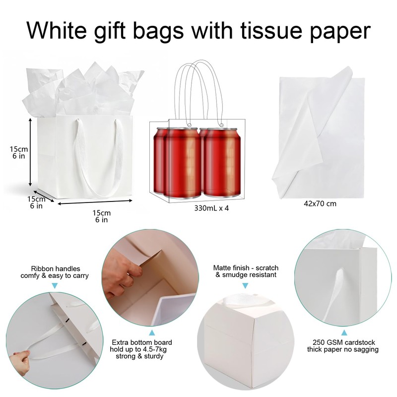 Aosric White Square Gift Bags with Tissue Paper, 4 Pack