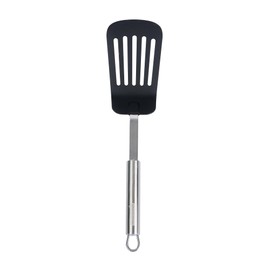 Restaurantware-German Standard 12.4 Inch Kitchen Spatula, 1 Heat-Tolerant Fish Turner - Slotted Blade, Dishwashable, Black Nylon Spatula With Stainless Steel Handle, For Flipping Eggs, Fish Fillet