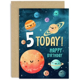 Old English Co. Fifth Birthday Card for Boys and Girls - Happy 5th Birthday - Age 5 - Five Years Old - Cute Space Planets Themed Birthday Card for Daughter, Son, Grandaughter, Grandson