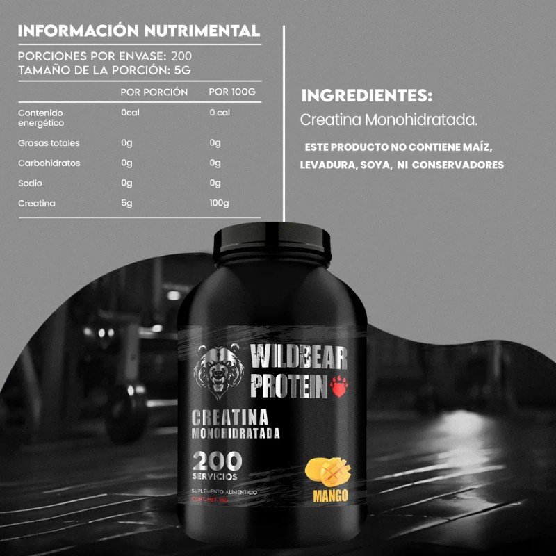 Creatina Monohidratada 1kg Wild Bear 200 Servicios Varios Mango