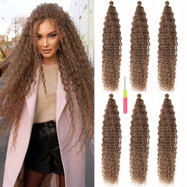 MAYSA Brown Curly Crochet Hair for Women Synthetic Braid Hair 22 Inch 6Packs Ocean Wave Braiding Hair Extension #12Brown