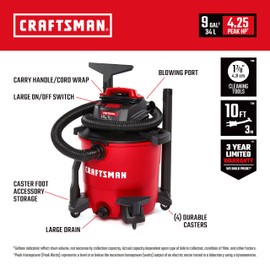 CRAFTSMAN CMXEVBE17590 9 Gallon 4.25 Peak HP Wet Dry Vac, Portable Shop Vacuum Wet and Dry with Filter, Dust Bag, Hose and Attachments for Home, Garage and Automotive Cleaning