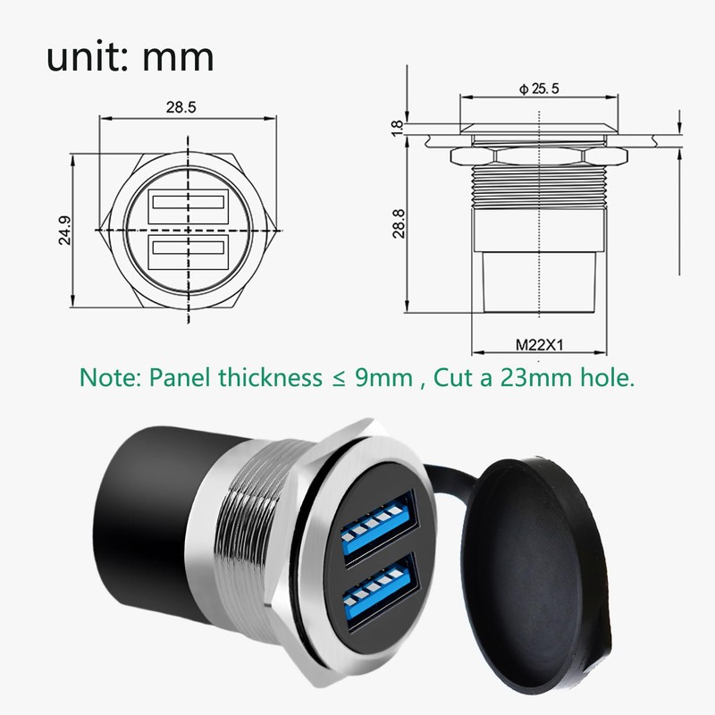 YiKaiEn Dual USB 3.0 Panel Mount Adapter - Threaded Round