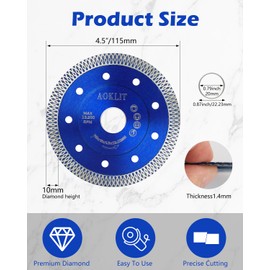 AOKLIT 4.5 inch Super Thin Diamond Saw Blades, 5 Pcs Tile Saw, Diamond Blade for Angle Grinder Cutting Porcelain Tile Granite Marbles (Blue)