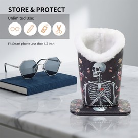 FlyingMage Plush Lined Eyeglasses Holder, Cute Magnetic PU Leather Glasses Stand Case for Women Men Kids (Black Skull)