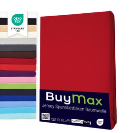 Buymax Fitted Sheet 90 x 200 cm Cotton 100% Jersey Fitted Sheet Mattress Height up to 25 cm Red
