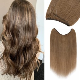 100% Human Hair Extensions Human Hair Wire In Hair Extensions One Piece Secret Fish Line Hair Piece Transparent Invisible Rubber Band With 2 Clips Long Silky Straight #6 Light Brown 18'' 65g