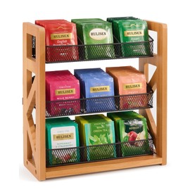 HULISEN 3 Tier Tea Bag Organizer for 120 Tea Bags, Tea Bag Holder with Removable Basket, Wood Stand & Metal Teabag Storage Rack for Coffee Bar Counter Kitchen Cabinet Pantry, Countertop or Wall Mount