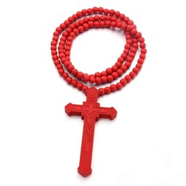 Hip-Hop Natural Wood African Map Cross Allah Pendant 8MM Wooden Bead Chain Rosary Necklaces for Men Women Boys-Red Cross