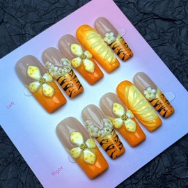 100% 5D Handmade Press on Nails Ombre Yellow Long Square Nails Press ons Leopard Orange French Tips False Nails Embossed Flower Waterdrop Press on Nails for Women Girls Daily Wear DIY Manicure Size M