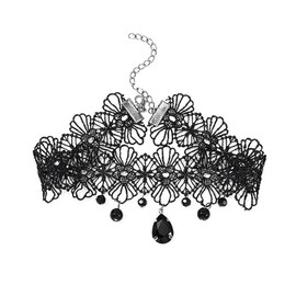 FDCGAS Gothic Jewellery - 2 Pieces Black Lace Choker Necklace Crystal Pendant Necklaces Gothic Hollow Flower Choker Jewellery Accessories for Women and Girls (Black + White)