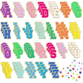 Kit de 132 parches de letras universitarias, 104 letras de chenilla autoadhesivas y 28 estrellas para planchar, parches de tela sin coser para ropa, chaquetas, mochilas, sombreros, manualidades (2.1