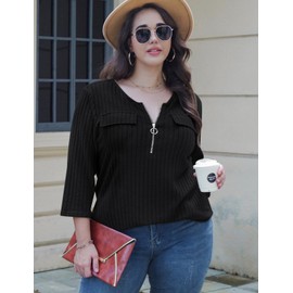 Viracy Plus Size Sweaters for Curvy Women,Elbow Sleeve Tops for Women Fall and Winter Basic Clothing Solid Color Shirts Casual Knit V Neck Lightweight Tunic Tops Black 3XL
