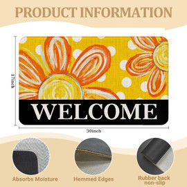 WARDOS Yellow Floral Welcome Door Mat, Summer Flowers Doormat for Front Door Porch Outdoor Indoor Entrance, Floral Doormat Outside, 17x30 Inches