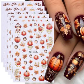 6 Sheets Fall Pumpkin Nail Stickers Autumn Maple Leaf Nail Art Stickers Decals 3D Self Adhesive Nail Decals Cute Pumpkin Maple Leaves Designs Nail Decor for Thanksgiving Day DIY Manicure Supplies