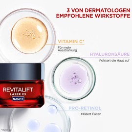 L'Oréal Paris Night Care, Firming and Plumping Anti-Ageing Face Care with Triple Effect and SPF 25, with Hyaluronic Acid, Vitamin C and Pro-Retinol, Revitalift Laser X3, 50 ml