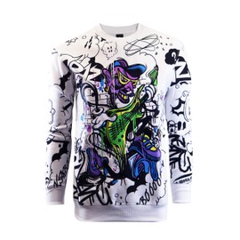 SCREENSHOT-F11027 Mens Urban Hip Hop Fleece Pullover Top - Dancing Guitar Player Cartoon Animation Crew Neck Streetwear Sweatshirt-White-Small