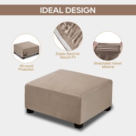 NeColorLife Square Ottoman Cover Velvet Ottoman Slipcover Thick Stretchable Footrest Stool Covers with Elastic Band for Oversized Ottoman (XX-Large Size,Taupe)
