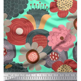 Soimoi Green Poly Crepe Fabric Flower Artistic Print Fabric by Yard 42 Inch Wide
