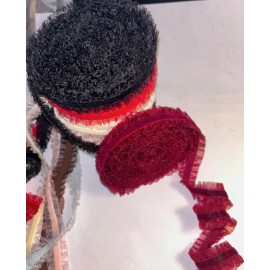 JP Ribbons 7/8 Double Frill/Ruffle Velvet Ribbons- 5 Yards Dark Red