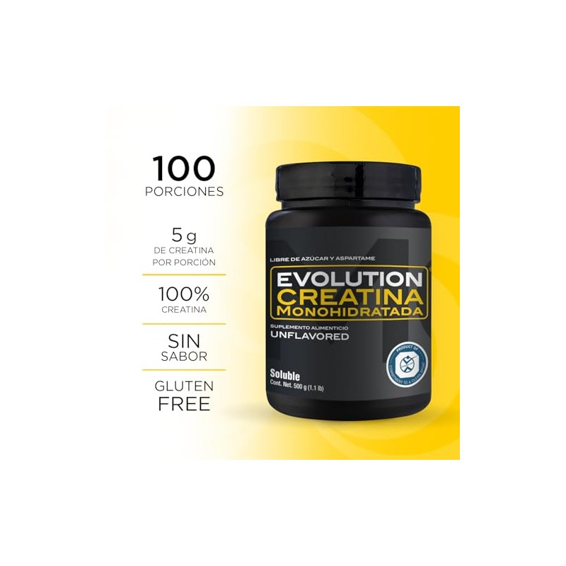 EVOLUTION, Creatina Monohidratada, Suplemento Alimenticio, 100 Porciones, 500g, Sin Gluten,