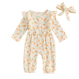 Geagodelia Newborn Baby Girl Easter Outfit Bunny Carrot Print Long Sleeve Romper My First Easter Baby Grow Easter Baby Clothes with Headband (Carrots Apricot, 0-3 Months)