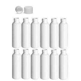 Premium Essential Oil 2 Ounce PET BPA-Free Plastic Empty Refillable Cosmo Round Bottles With Solid, Ribbed, Lined White Caps (12 count) (White)