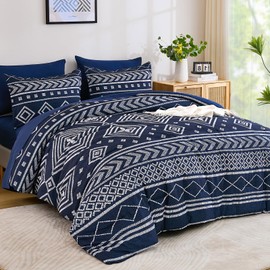 Yiran Navy Blue Comforter Set Queen Size, 7 Piece Boho Striped Bedding Set, Geometric Bed in a Bag Queen, Soft Microfiber Bohemian Complete Bedding Set with Sheets for All Season