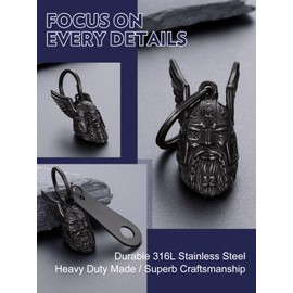 Bandmax Black Odin Viking Man Motorcycle Bell with Hanger Stainless Steel Guardian Biker Rider Motorcycle Keychains for Men Gremlin Bell forLucky Safe Drive Amulet