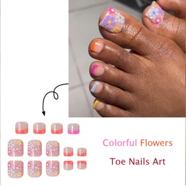 24 Pcs Colorful French Tip Fake Nails Short Square Press on Toenails with Flower Pattern Design Summer False Toe Nails Artificial Acrylic Glue on Nails Glossy Full Cover Stick on Nails for Women